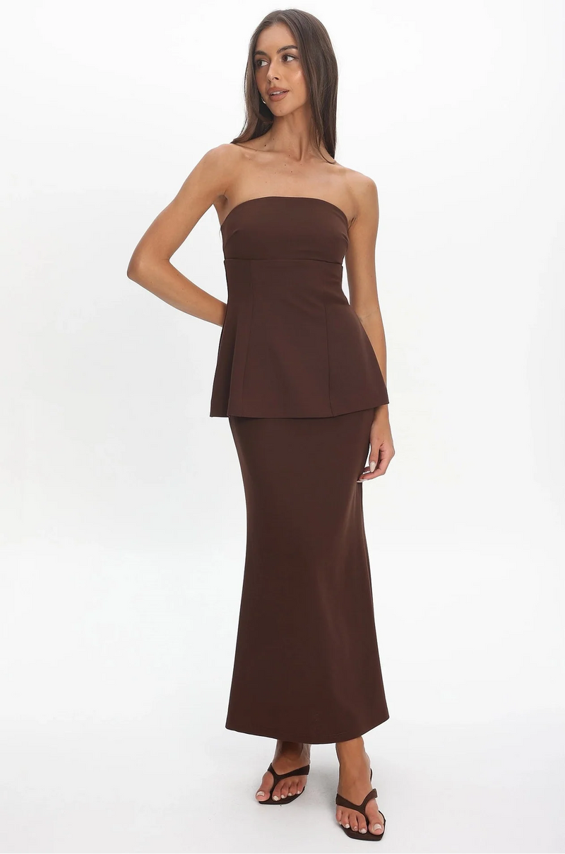 Strapless Peplum Maxi Dress - Chocolate