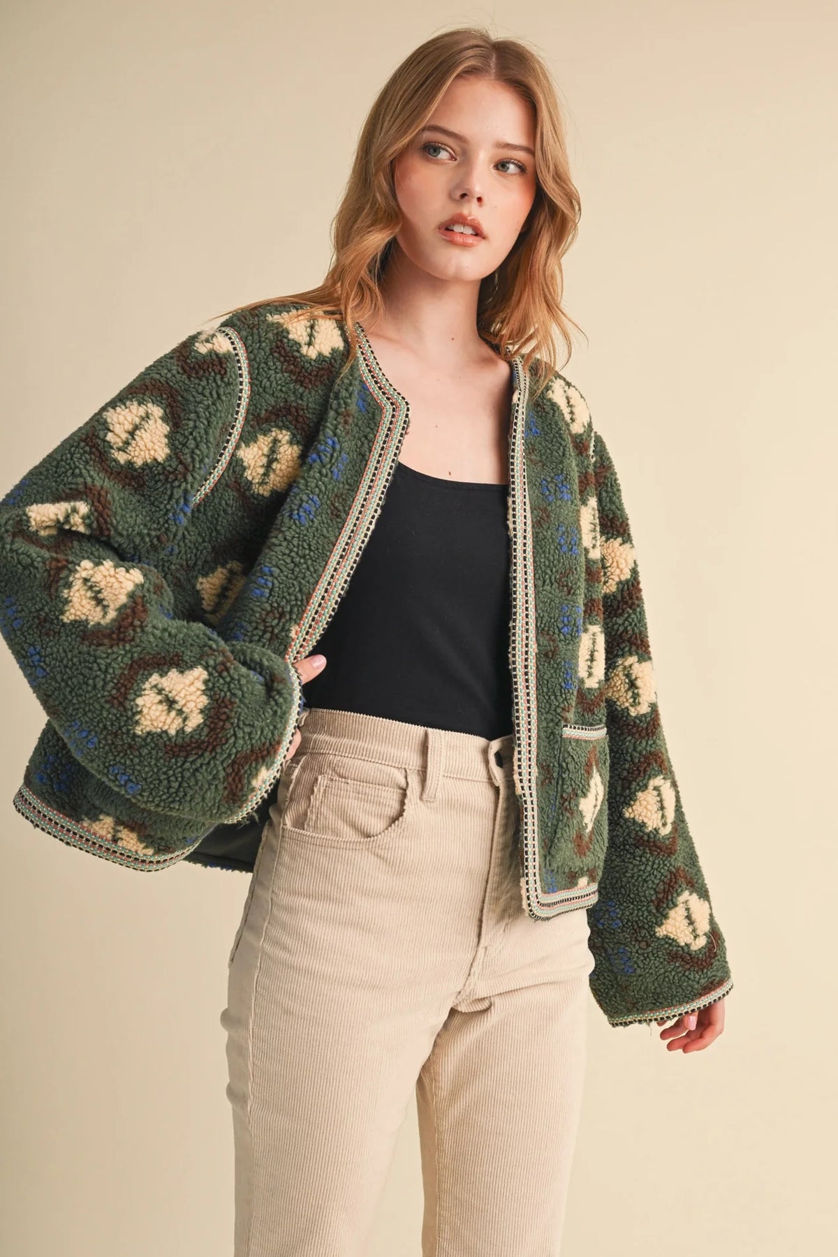 Faux Sherpa Jacket - Olive