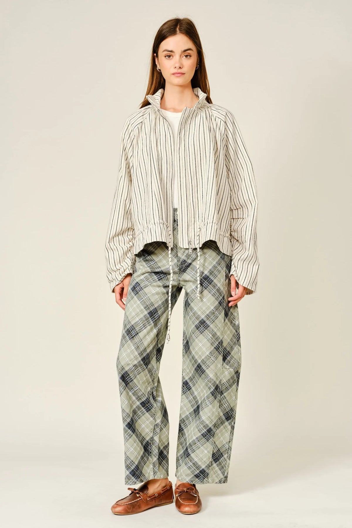 Pinstripe Funnel Neck Balloon Jacket