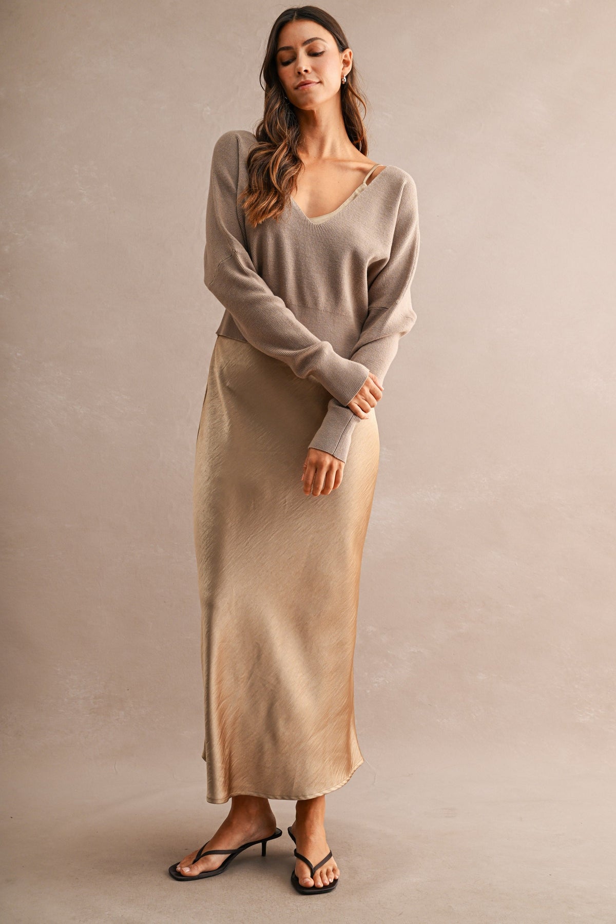 V Neck Sweater Satin Midi Dress