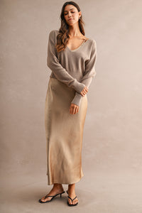 V Neck Sweater Satin Midi Dress