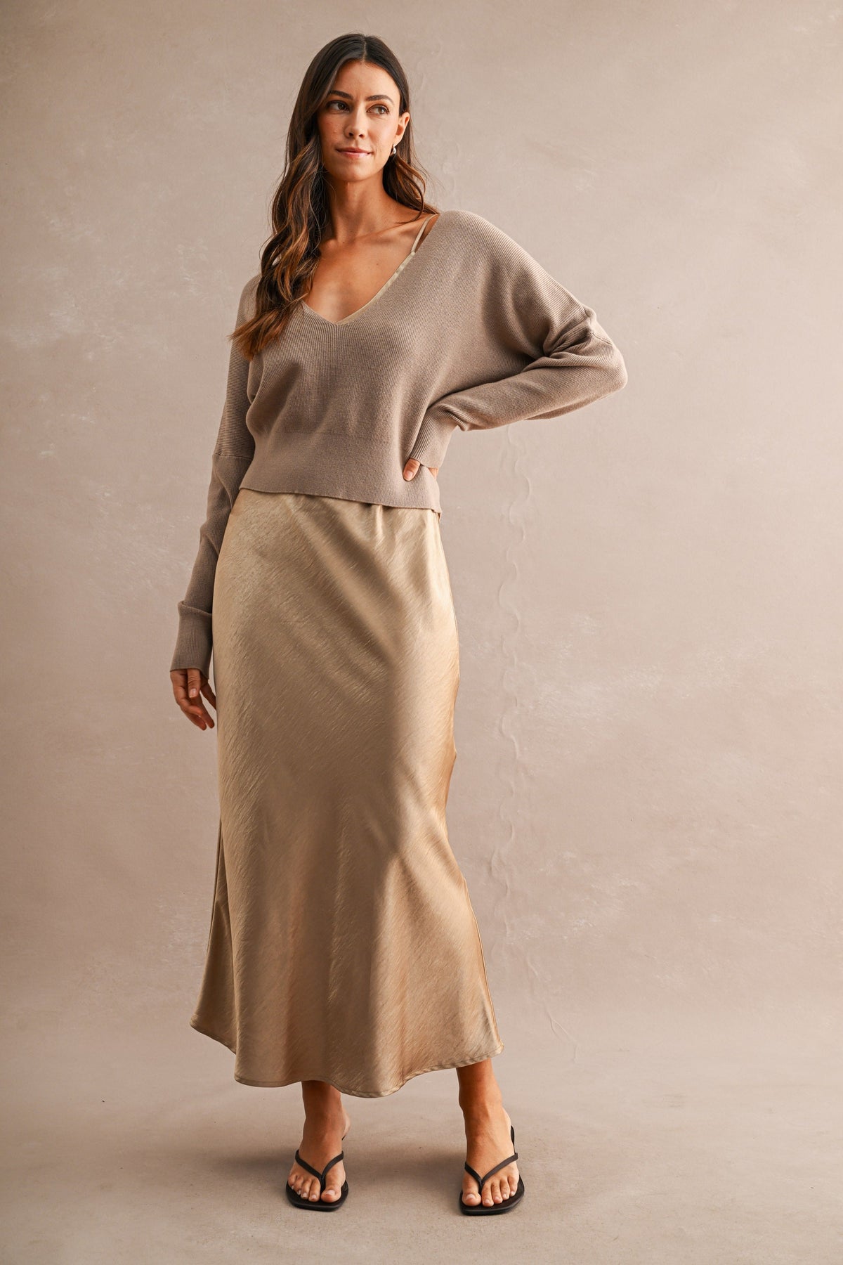 V Neck Sweater Satin Midi Dress