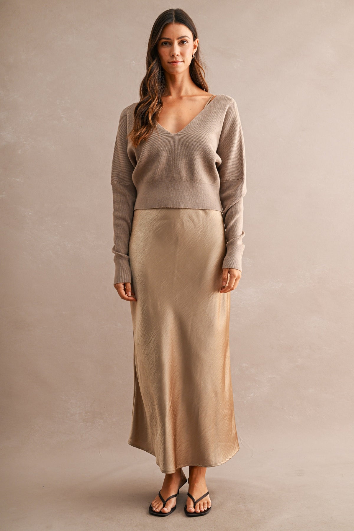 V Neck Sweater Satin Midi Dress