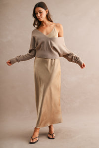 V Neck Sweater Satin Midi Dress