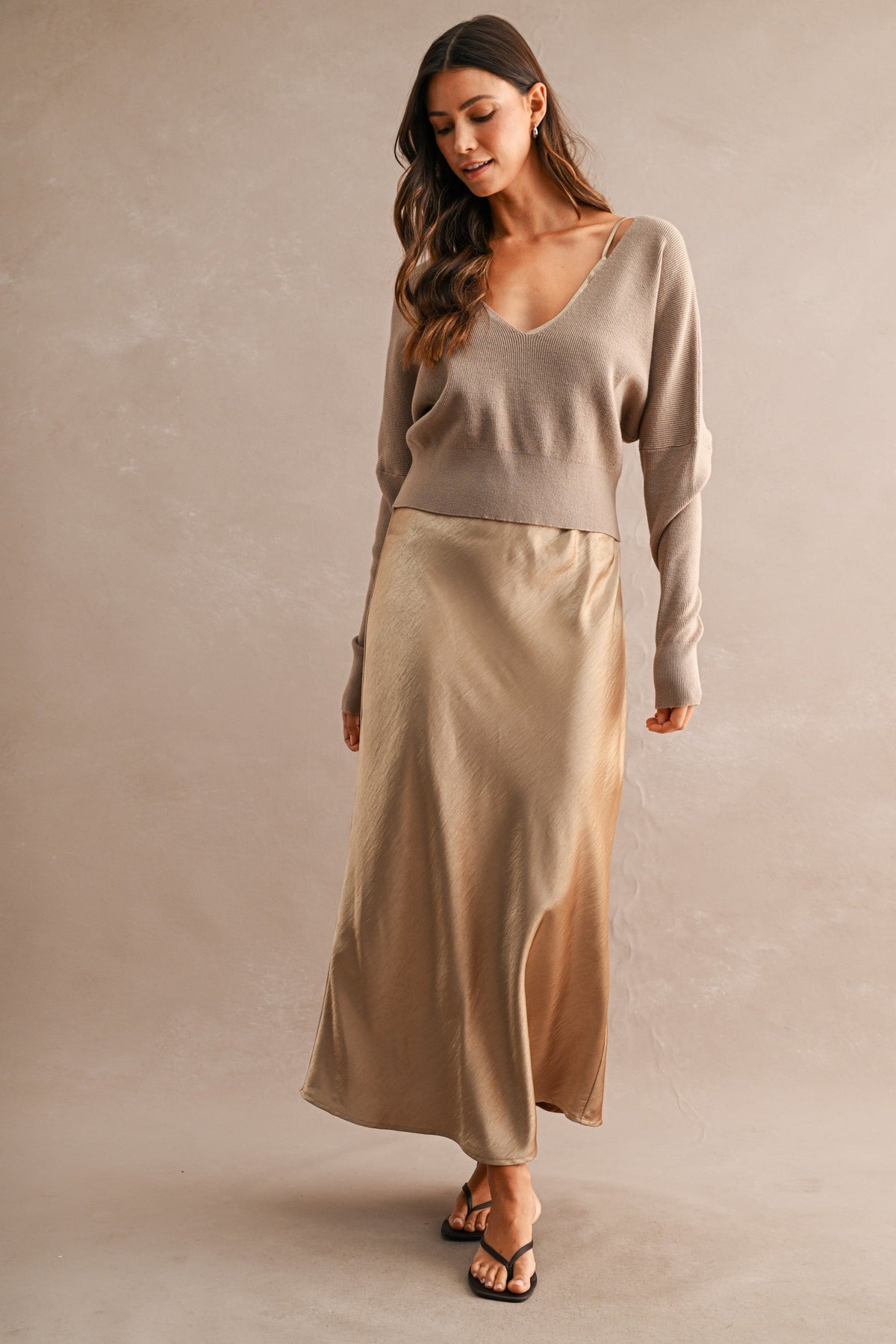 V Neck Sweater Satin Midi Dress