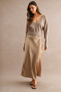 V Neck Sweater Satin Midi Dress