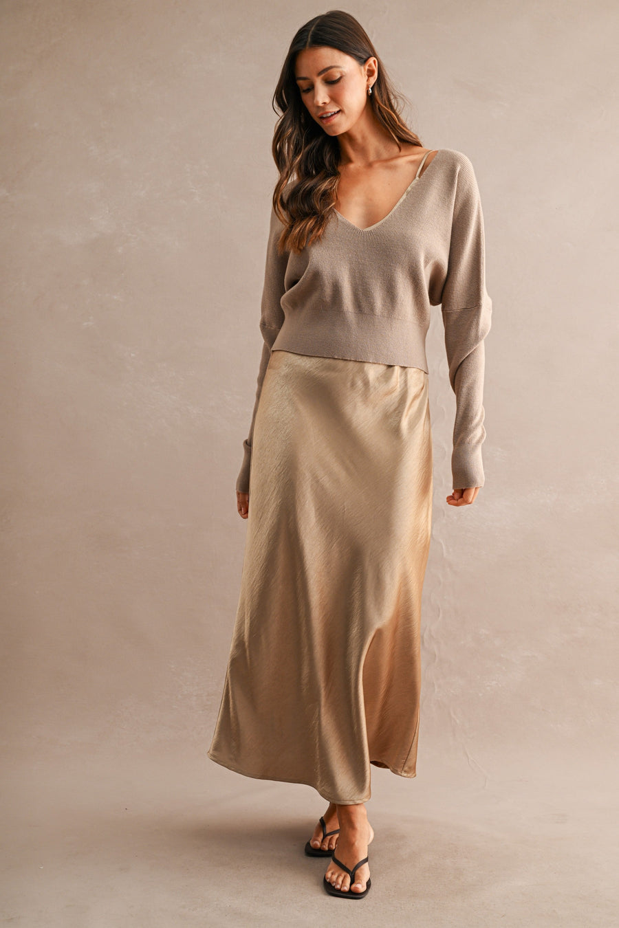 V Neck Sweater Satin Midi Dress