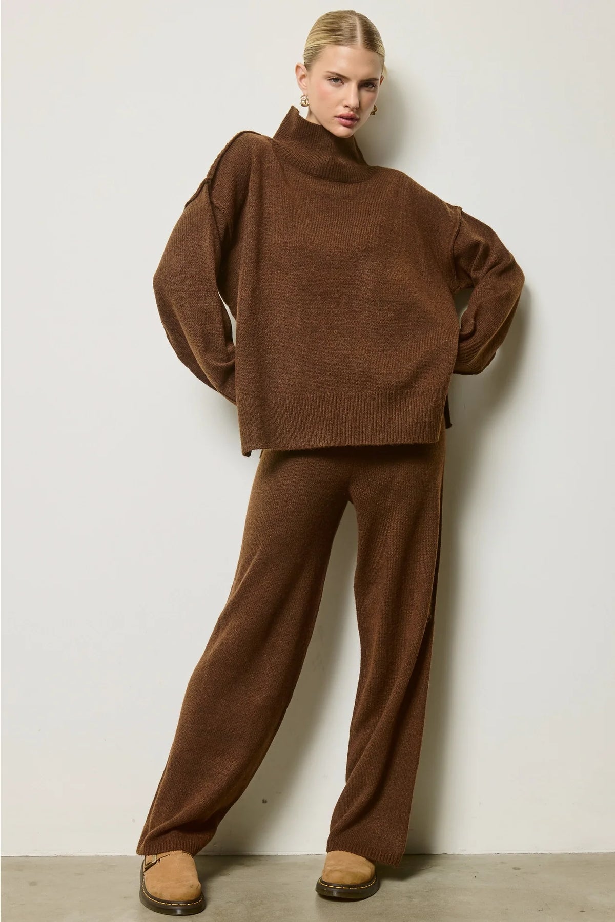 Mock Neck Knit Sweater Set - Chocolate