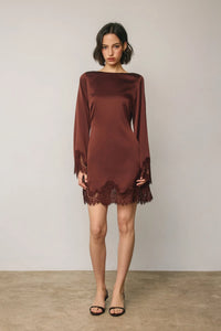 Satin Lace Mini Dress - Rum Raisin