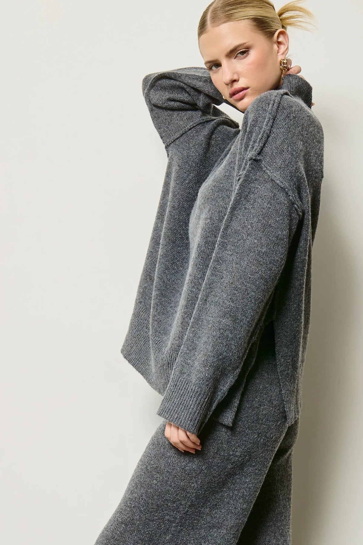 Mock Neck Knit Sweater Set - Charcoal