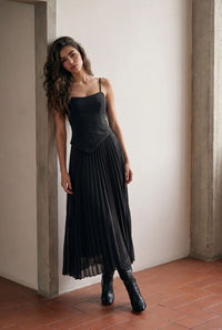 Asymmetric Pleated Midi Dress - Black