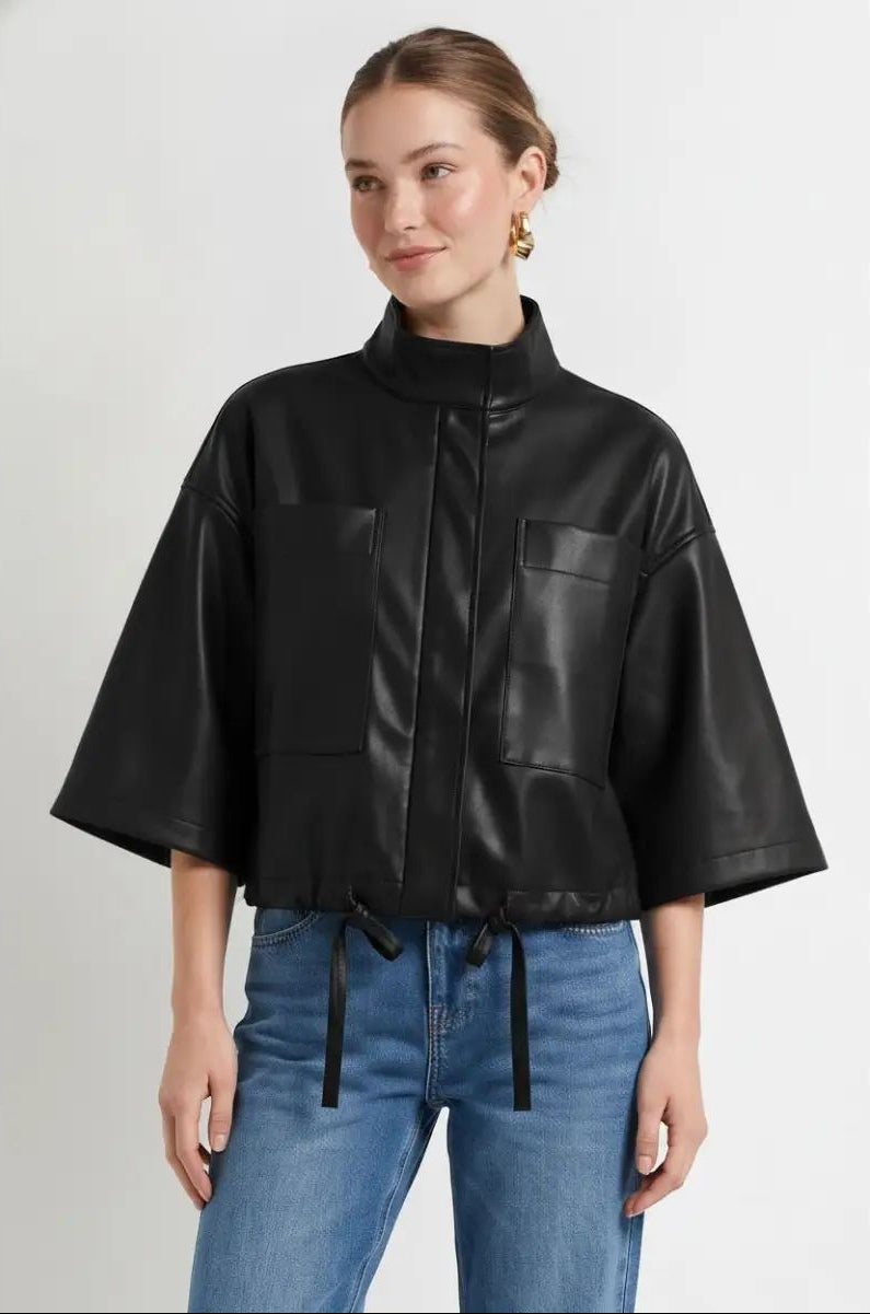 Drawstring Boxy Leather Jacket - Black