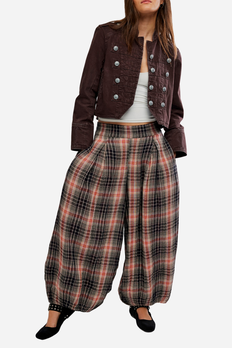 Free People - Moonflower Plaid Balloon Pants - Black