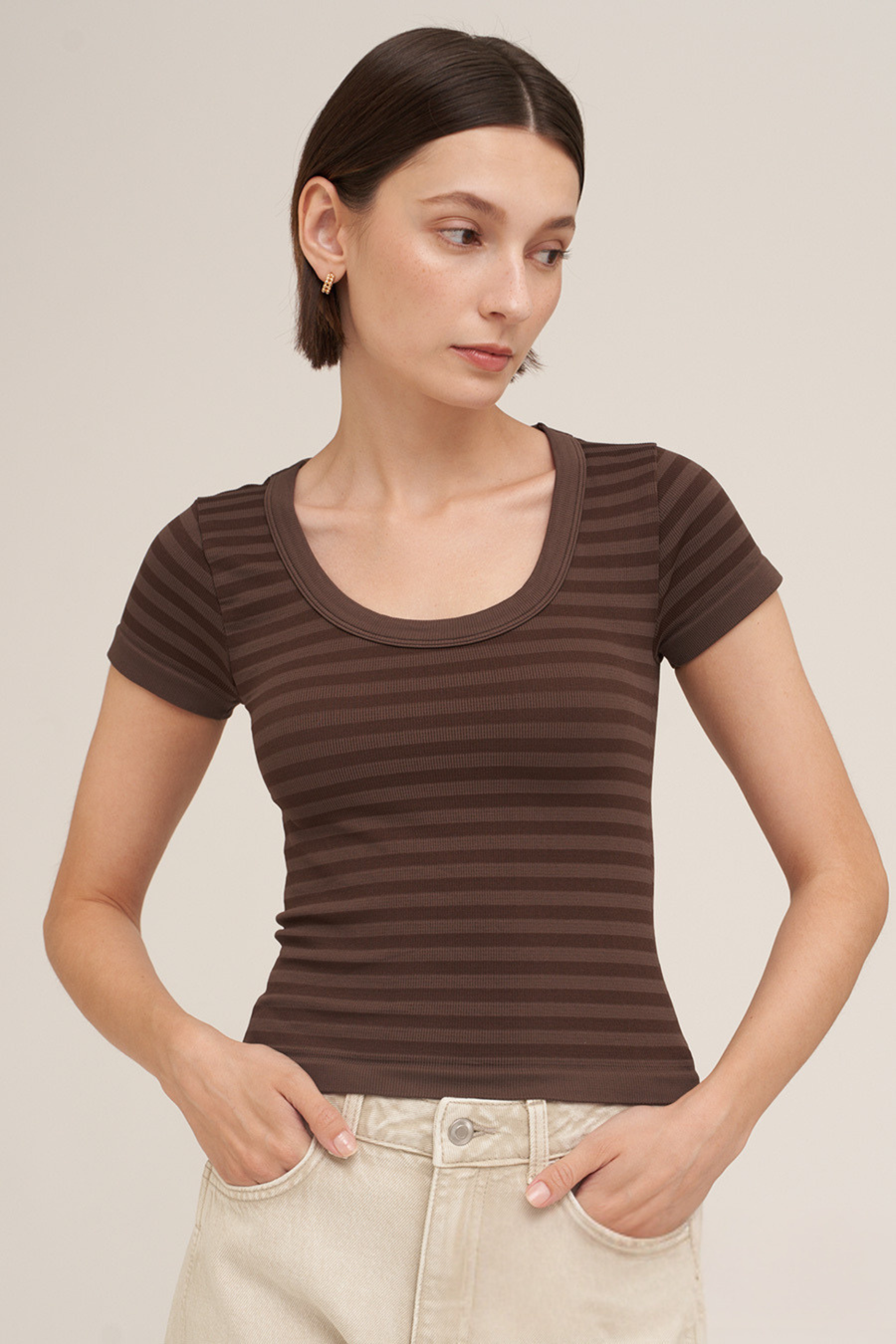 Striped Scoop Neck Top - French Roast