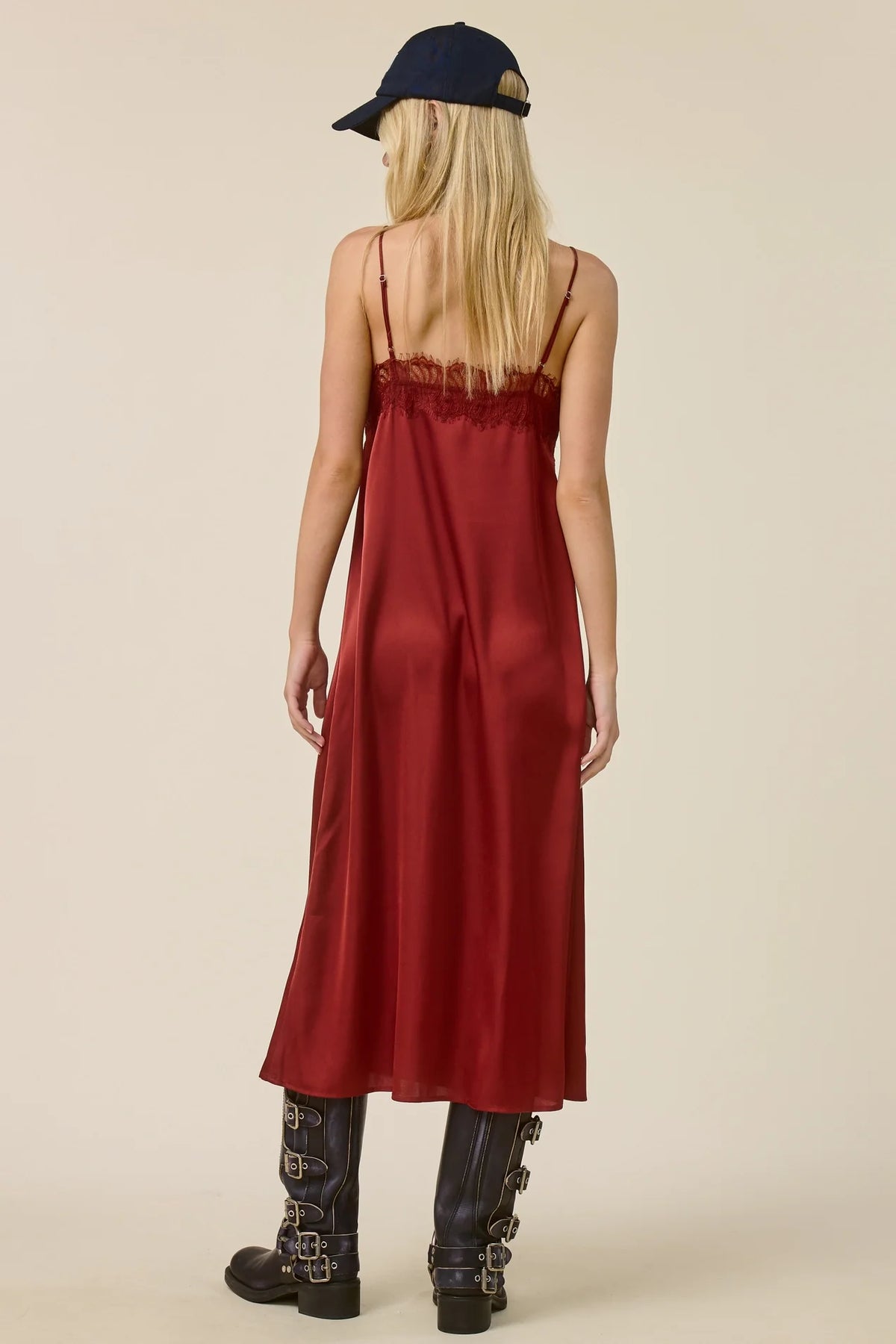 Lace Trim Satin Slip Midi Dress