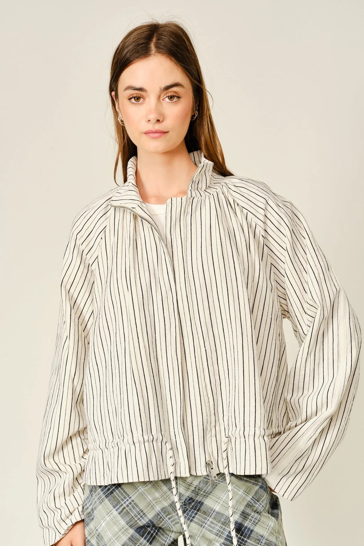 Pinstripe Funnel Neck Balloon Jacket